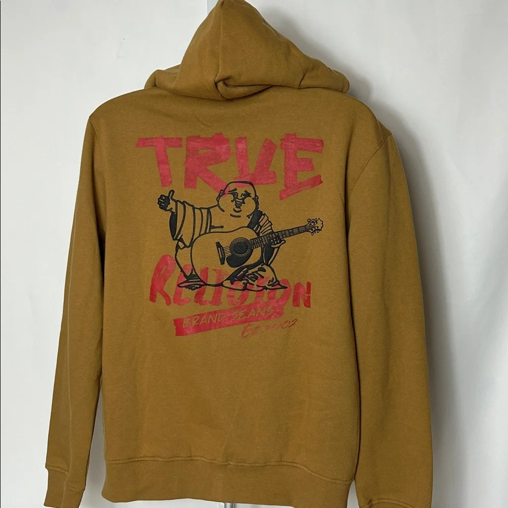 True Religion Men’s Size Large Brown Zip Front Hoodie with Large Graphic on Back